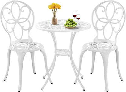 Patio Bistro Sets, Cast Aluminum Bistro Table and Chairs Set of 2 with Umbrella Hole, Bistro Set 3 Piece Outdoor, Metal Patio Furniture Set for Garden Porch, White - LeafyLoom