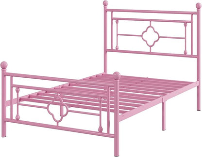 Allewie Twin Size Metal Platform Bed Frame with Victorian Vintage Headboard and Footboard/Mattress Foundation/Under Bed Storage/No Box Spring Needed/Noise-Free/Easy Assembly, Pink - LeafyLoom