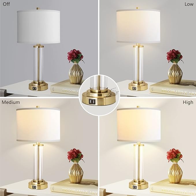 QiMH Lamps for Bedrooms Set of 2, Touch Control Table Lamps with Dual USB Ports, 3-Way Dimmable Bedside Lamp with Fabric Lampshade, Modern Nightstand Lamp for Living Room Bedroom (LED Bulbs Included) - LeafyLoom