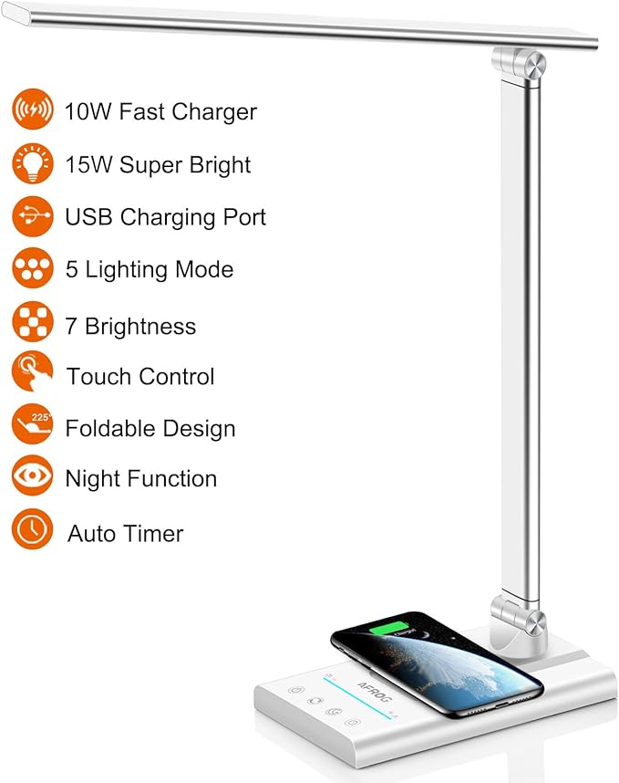 AFROG 5th Gen Multifunctional LED Desk Lamp with 10W Fast Wireless Charger, USB Charging Port,1800Lux Super Bright,5 Lighting Mode,7 Brightness, Touch Control, Auto Timer, 15W Office Table Lamp - LeafyLoom