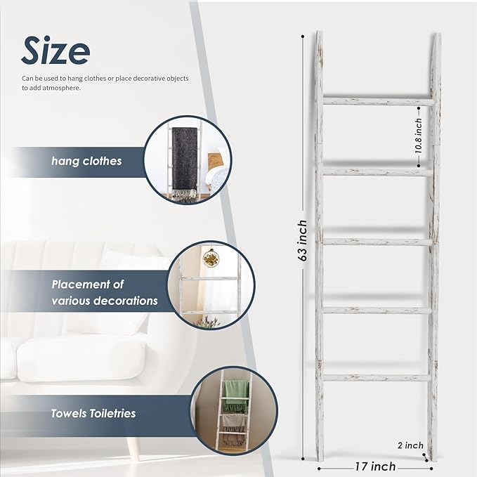 5-Tier Blanket Ladder Wooden, 5.3FT(63'') Blanket Quilt Holder Rack Decorative Ladder, Easy Assembly, Rustic Farmhouse Ladder Shelf for The Living Room Bedroom Bathroom Home Decor, White Wash - LeafyLoom