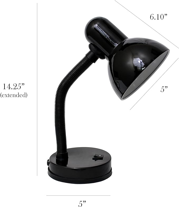 Simple Designs LD1003-BLK Basic Metal Desk Lamp with Flexible Hose Neck for Office, Living Room, Bedroom, College Dorm, Bookshelf, Black - LeafyLoom