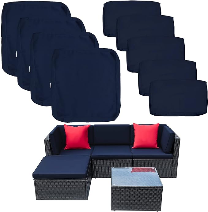 ClawsCover 9Pack Outdoor Seat and Back Cushions Replacement Covers Fit for 5 Pieces 4-Seater Wicker Rattan Patio Conversation Set Sectional Couch Furniture,Navy-Include Covers Only (Large) - LeafyLoom