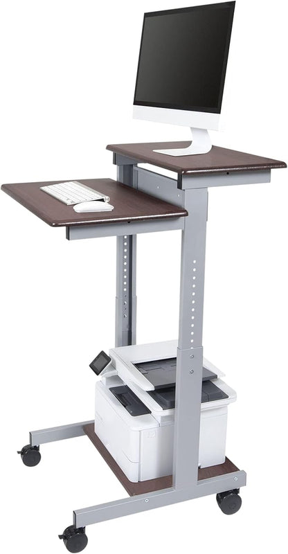 Stand Up Desk Store Rolling Adjustable Height Two Tier Standing Desk Computer Workstation (Silver Frame/Dark Walnut Top, 24" Wide) - LeafyLoom