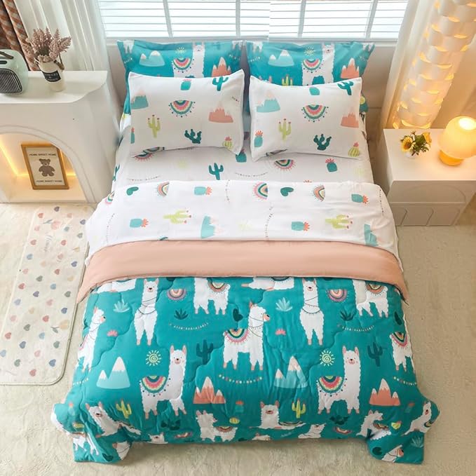 Wajade Kids Llama Comforter Set Bed in A Bag Twin Size 7 Piece Cute Alpaca Tropical Plant Cactus Bedding Set for Girls Boys (1 Comforter, 1 Flat Sheet, 1 Fitted Sheet, 2 Pillowcase and 2 Pillow Sham) - LeafyLoom