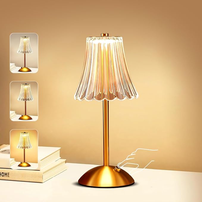 Portable Crystal Table Lamp,Cordless Metal Vintage Desk Lamp,3 Color Touch Control Rechargeable Lamp,3-Levels Brightness Room Decor Desk Lamp,Living Room,Kitchen,Dining Room Lamp (Gold-3) - LeafyLoom