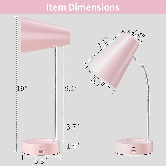 RUNTOP Pink Desk Lamp, Desk Lamps for Home Office, Desk Light for Kids, Desktop/Computer Study Lamps, Bedrooms Adjustable Gooseneck Reading Lamp with USB Port, 5 Brightness Levels, 5 Color Temperature - LeafyLoom