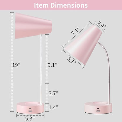 RUNTOP Pink Desk Lamp, Desk Lamps for Home Office, Desk Light for Kids, Desktop/Computer Study Lamps, Bedrooms Adjustable Gooseneck Reading Lamp with USB Port, 5 Brightness Levels, 5 Color Temperature - LeafyLoom