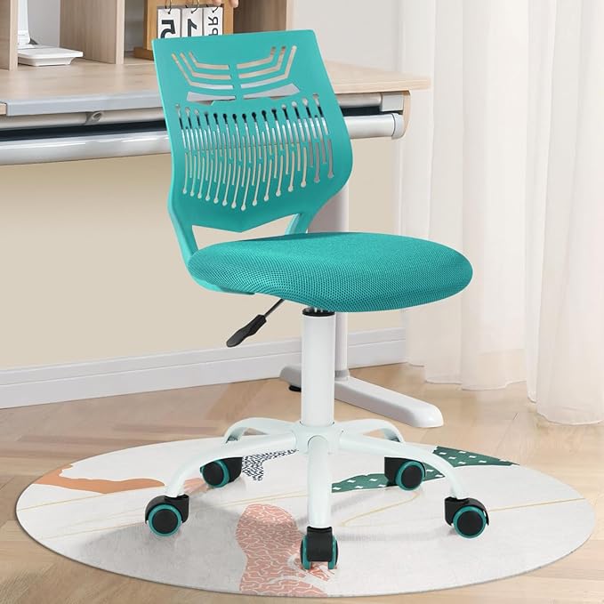 FurnitureR Desk Chair Armless Home Office Task Chair with Mesh Padded Cushion Swivel Study Chair with Rolling Wheels for Kids Teens Children, Turquoise - LeafyLoom