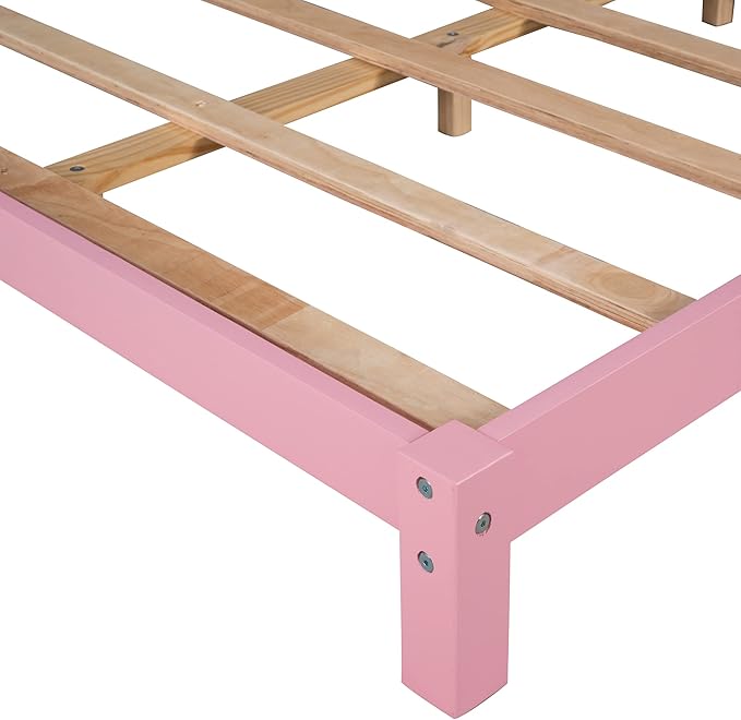 Jintop Full Size Wood Platform Chimney and House-Shaped Headboard,Bedroom Furniture Bed Frame W/ 10 Slat Support,Easy to Install,for Teens Kids Girls Boys,Pink - LeafyLoom