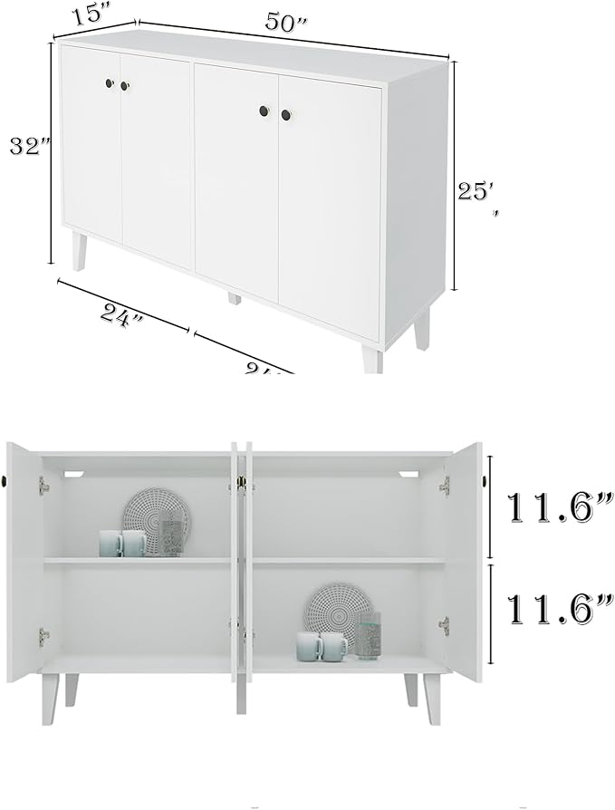 Buffet Cabinet with Storage,Kitchen Sideboard Buffet with 4 Doors Console Table,Modern Sideboard for Dinning Room,Living Room(White) - LeafyLoom