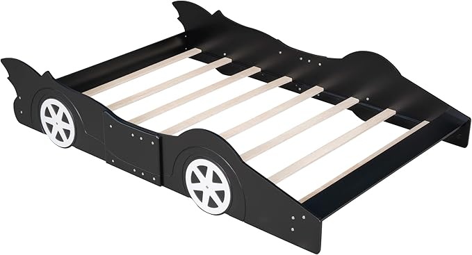 Car Shaped Toddler Bed with Wheels,Racecar Platform Beds W/Safety Guardrail,Slats Support,Stylish Design,Easy Assembly,Wood Full Bedframe for Boys Toddlers Kids Teens Bedroom,Black - LeafyLoom