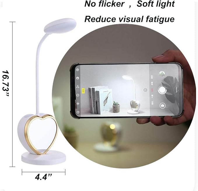 White Desk Lamp for Girls, 5 in 1 Cute Desk Lamp with Pencil Holder, Detachable Mirror, Mini Fan, Phone Holder, USB Charging Port, Eye-Caring Study Table Lamp for Teens Girls Women Dorm Reading - LeafyLoom