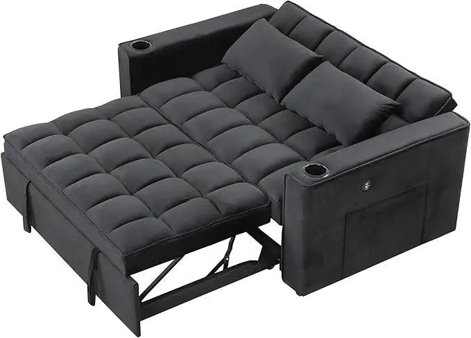 Convertible Sleeper Couch Bed, Black w/ 2 Cup Holder and USB Port - LeafyLoom