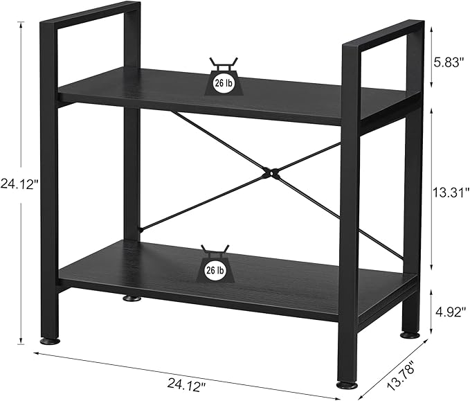 BEWISHOME 2 Tier Small Bookshelf, Black Industrial 2 Shelf Wooden Storage Bookcase with Metal Frame, Mini Shoe Rack with Short Shelves for Hallway, Bedroom, Living Room and Home Office JCJ52B - LeafyLoom