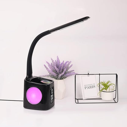 wanjiaone LED Desk Lamp with Clock,Color Changing Nightlight,Study Lamp with Pen Holder,Desk Light with USB Charger,Table Light for Home,Office,Gift for Kids,Students,Women,Black - LeafyLoom