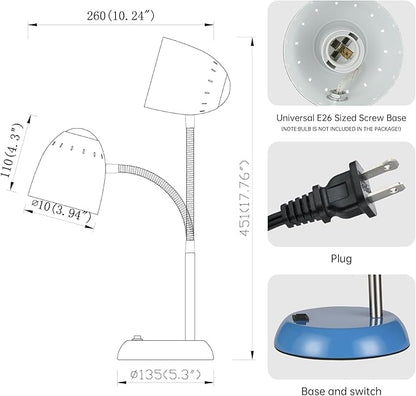 Eye-Caring Table Lamp of Simple Designs Home E26 Led Screw Basic Metal Desk Lamp with Flexible Gooseneck Hose Neck Study Lamp for Bedroom Office Living Room Convenient On/Off Switch (Light Blue) - LeafyLoom