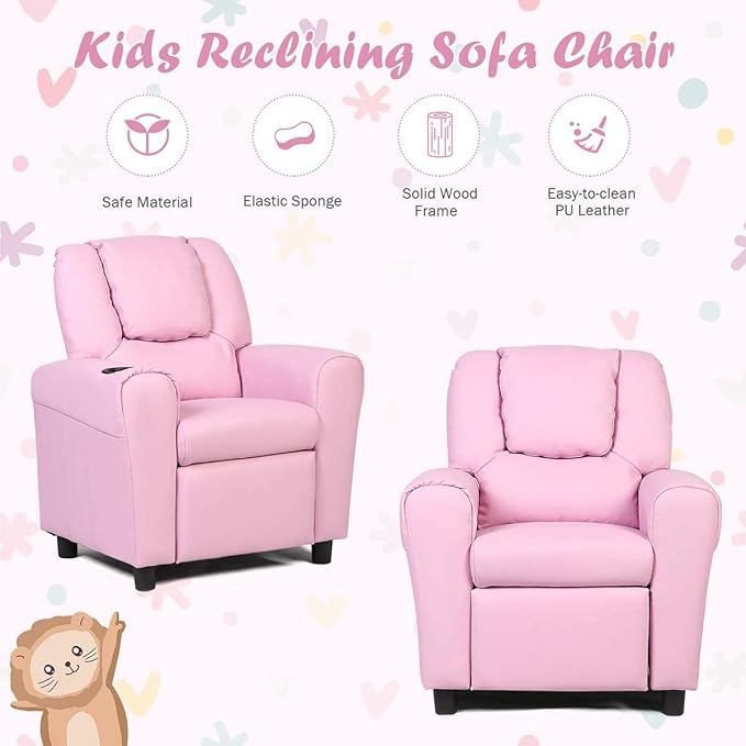 ARLIME Kids Recliner chair, toddler Armchair Upholstered Couch with Cup Holder, Backrest, baby Leather sofa with Headrest and Footrest, Child Furniture for Ages 2-7(Pink) - LeafyLoom