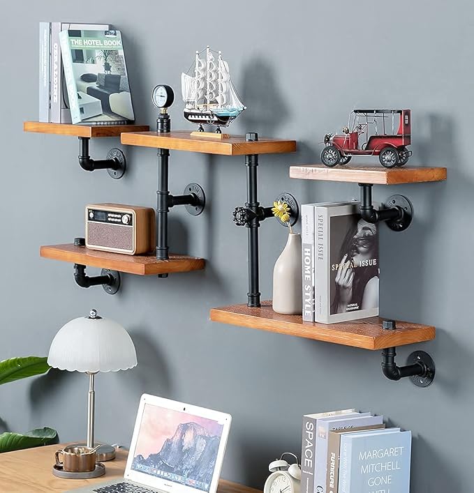 Industrial Rustic Modern Wood Ladder Pipe Wall Mounted Floating Shelves - Set of 3 Bookshelf,DIY Storage Shelving,Hung Bracket,Bookcase (Set of 3 Ladder Shelves) - LeafyLoom