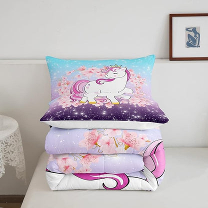 Unicorn Comforter Set Twin, Kids Unicorn Floral Bedding for Girls Boys Children Bedroom Decor, Cherry Blossoms Glitter Down Comforter Galaxy Kawaii Quilt Set with 1 Pillowcase, Blue Purple Ombre - LeafyLoom