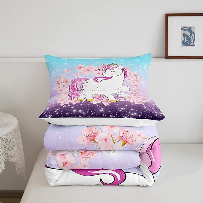 Unicorn Comforter Set Full, Kids Unicorn Floral Bedding for Girls Boys Children Bedroom Decor, Cherry Blossoms Glitter Down Comforter Galaxy Kawaii Quilt Set with 2 Pillowcases, Blue Purple Ombre - LeafyLoom