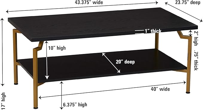 Household Essentials Crown Rectangular Coffee Table with Storage Shelf Black Oak Wood Grain and Gold Metal - LeafyLoom