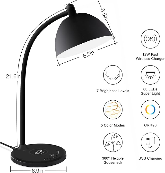 BOHON Desk Lamp, LED Desk Lamp with USB Charging Port, Wireless Charger Desk Light for Home Office, 5 Colors 7 Levels Brightness, Touch Table Lamp for Bedroom Bedside College Dorm Reading, Black - LeafyLoom