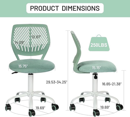 Desk Chair Armless, Kids Office Chair Compact Rolling Fabric Seating Cushion and Plastic Low-Back, Height Adjustable Small Study Computer Task Chair for Student Children Teens with Wheels, Aqua - LeafyLoom