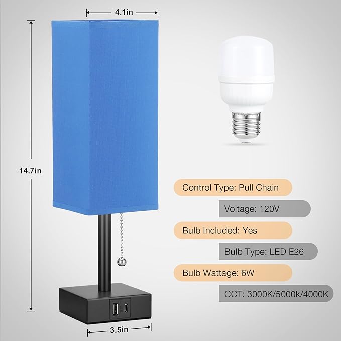 Blue Small Table Lamp for Bedroom - 3 Color Temperature 3000K 5000K 4000K Bedside Lamp, Pull Chain Control, USB A and C Charging Ports, Black Base, for Kids Office Dorm nightstand, Bulb Included - LeafyLoom