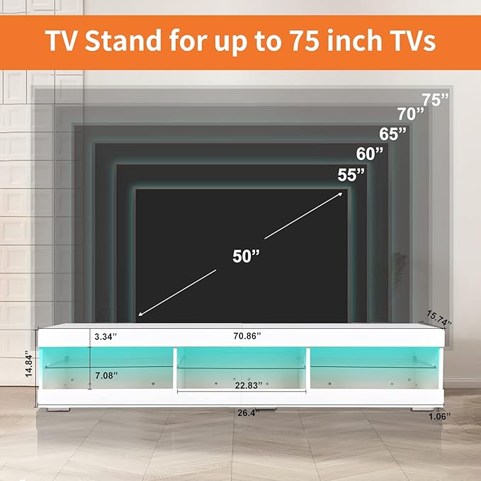 HOUAGI LED TV Stand for 50/55/65/70/75 Inch TV,Modern Entertainment Center TV Console Table with Storage Drawer and Glass shelf for Living room,Bedroom,White - LeafyLoom