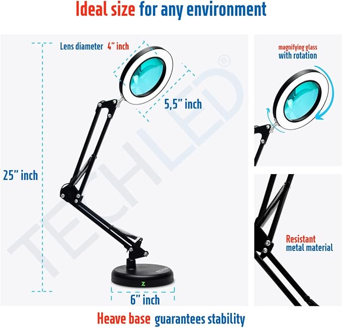 Magnifying Glass with Light and Stand, Desk Ring Light, 3 Color Modes Stepless Dimmable, Desk Lamp, Clamp Light, Office Desk Lamp for Close Work, Repair, Reading, 12w, Adjustable Desk Lamp - LeafyLoom