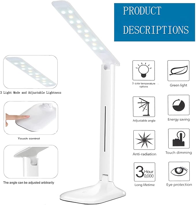 LaiduoleLED Desk Lamp with 3 Lighting Modes, 3 Brightness Level, Dimmable Foldable Eye-Caring 7W Desk Lamp with Touch Control for Studying Working Reading (White) - LeafyLoom