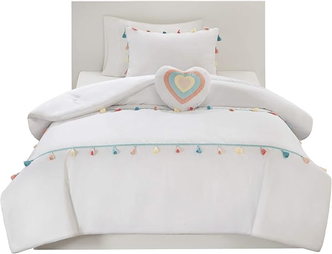 Mi Zone Kids Tessa Cozy Comforter Set, Colorful Fun Design All Season Children Bedding Girls Bedroom Décor, Full/Queen, White with Colorful Tassel 4 Piece - LeafyLoom