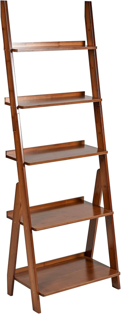 Bookshelf & Ladder Shelf &Storage Rack & Multipurpose Bamboo Organizer Shelves Furniture for Home Office, Living Room, Kitchen, Office 5 Tier （Brown） - LeafyLoom