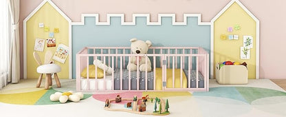 RITSU Twin Size Metal Floor Fence Bed, Montessori Bedframe, with Safety Guardrail and Door, for Children Bedroom, Boys Girls, Apartment, Strong & Durable, Easy to Assemble, Pink - LeafyLoom