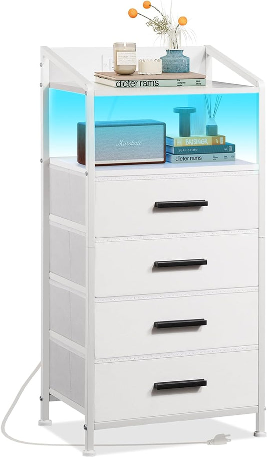 Nightstand 4 Drawer Dresser with LED Lights and Charging Station, Vertical Side Table with Fabric Drawers, End Table with Open Shelf, Tall Dresser for Bedroom, Hallway, Entryway, White - LeafyLoom