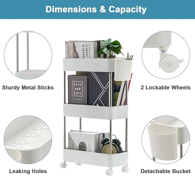 VECELO Storage Cart 3-Tier Utility Rolling Cart,Mobile Shelving Slim Unit Organizers with 360°Wheels Hooks&Hanging Cups for Kitchen Bedroom Bathroom Office Sofa Side in Narrow Places, White - LeafyLoom