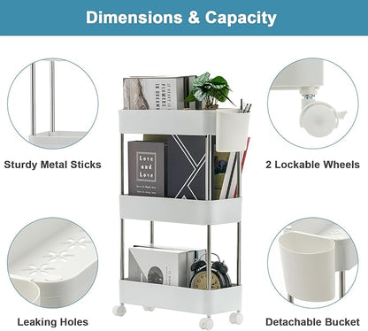 VECELO Storage Cart 3-Tier Utility Rolling Cart,Mobile Shelving Slim Unit Organizers with 360°Wheels Hooks&Hanging Cups for Kitchen Bedroom Bathroom Office Sofa Side in Narrow Places, White - LeafyLoom