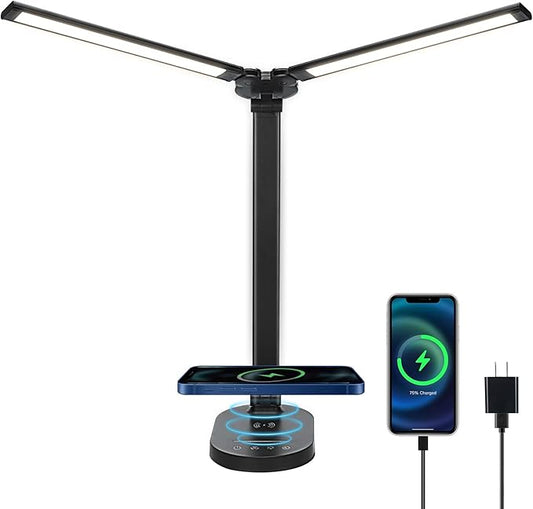 Lightess LED Desk Lamp with Wireless Charger, USB Charging Port, Adjustable Foldable Dual Swing Arm Desk Light Dimmable Eye-Caring Desk Lamp, Touch Control, Home Office Desk Lights for Work Study - LeafyLoom