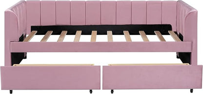 Modern Twin Size Upholstered Daybed Frame with Storage Drawers, Elegant Velvet Fabric Sofa Bed with Ergonomic Design Backrest and Armrests, No Box Spring Needed, Pink - LeafyLoom