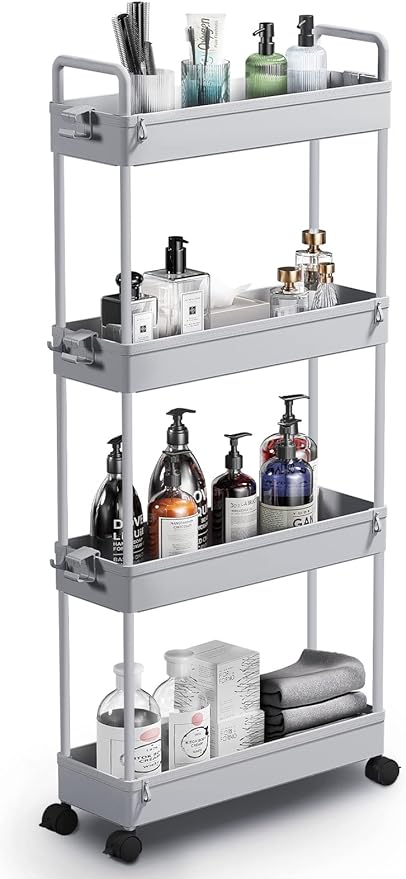 SOLEJAZZ Slim Storage Cart, 4 Tier Bathroom Organizer Mobile Shelving Unit, Rolling Utility Cart Slide Out Organizer for Kitchen, Bathroom, Laundry, Narrow Places, Gray - LeafyLoom