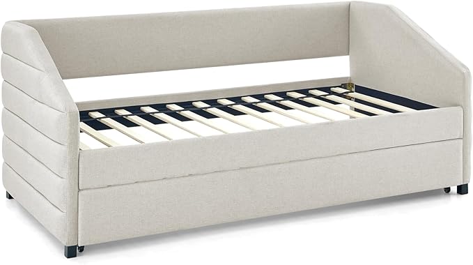 Linen Upholstered Twin Size Daybed with Trundle, Solid Wooden Bedframe w/Pull Out Bed and Tufted Decorate, No Box Spring Needed, for Kids, Bedroom, Dorm - LeafyLoom