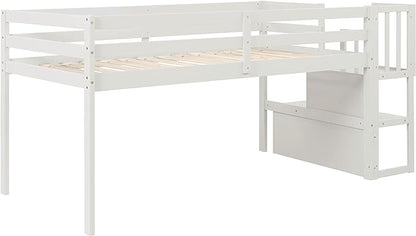 Bellemave Low Loft Bed for Kids,Twin Size Loft Bed with Storage Staircase,Wood Loft Bed Frame for Boys Girls Teens(White) - LeafyLoom