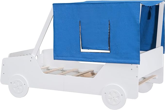 Full Size Race Jeep Car Bed Platform Bed with Tent Canopy and Wheels,Wood Bed Frame W/Raised Bed Design,for Kids Boys Girls Teens,White - LeafyLoom