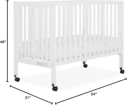 Quinn Full-Size Folding Crib In White, Removeable Wheels, Modern Nursey, Adjustable Mattress Support, Portable Crib, Patented Folding System - LeafyLoom