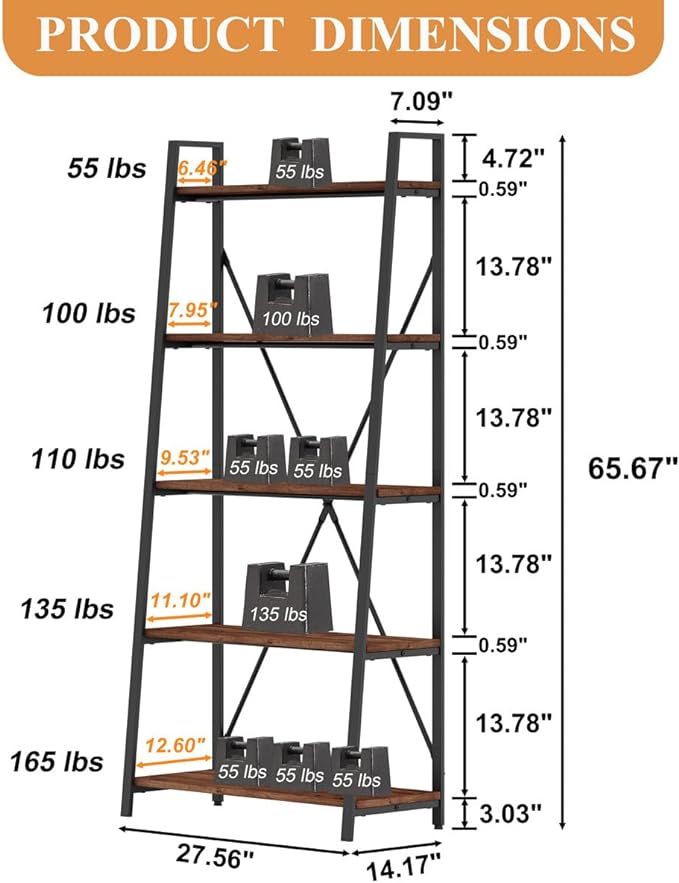 BON AUGURE Ladder Shelf Bookcase, 5-Tier Industrial Ladder Bookshelf, Tall Living Room Shelves, Wood and Metal Leaning Shelf for Home Office, Kitchen, Bedroom, Balcony (Rustic Oak) - LeafyLoom