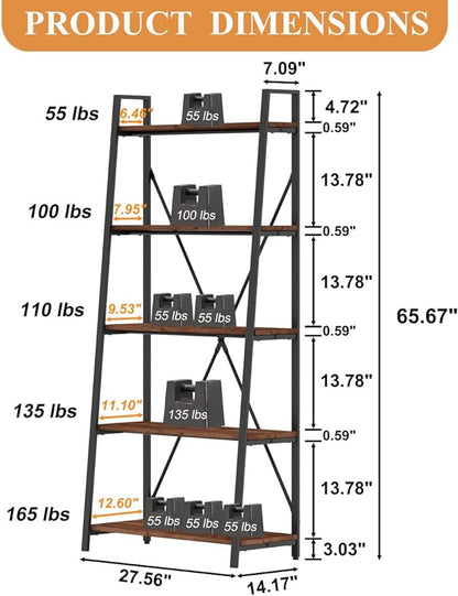 BON AUGURE Ladder Shelf Bookcase, 5-Tier Industrial Ladder Bookshelf, Tall Living Room Shelves, Wood and Metal Leaning Shelf for Home Office, Kitchen, Bedroom, Balcony (Rustic Oak) - LeafyLoom