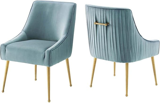 Modway Discern Pleated Back Upholstered Performance Velvet Dining Chair Set of 2, Light Blue - LeafyLoom