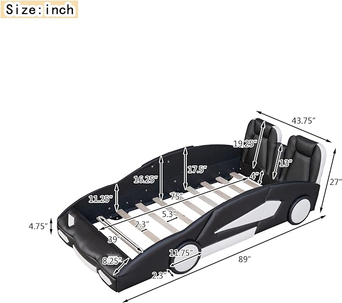 Twin Size Race Car Bed Platform Bed with Wheels and Side Rails,Bed Frame W/Two Seats Headboard,for Kids Boys Girls Teens,Black - LeafyLoom