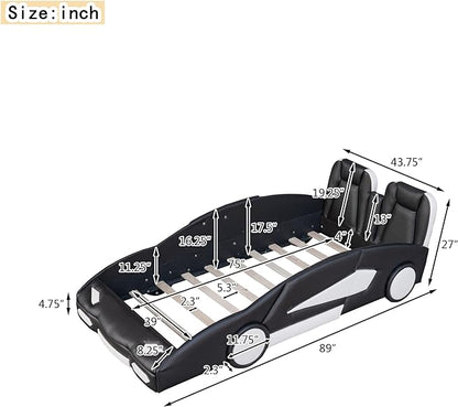 Twin Size Race Car Bed Platform Bed with Wheels and Side Rails,Bed Frame W/Two Seats Headboard,for Kids Boys Girls Teens,Black - LeafyLoom